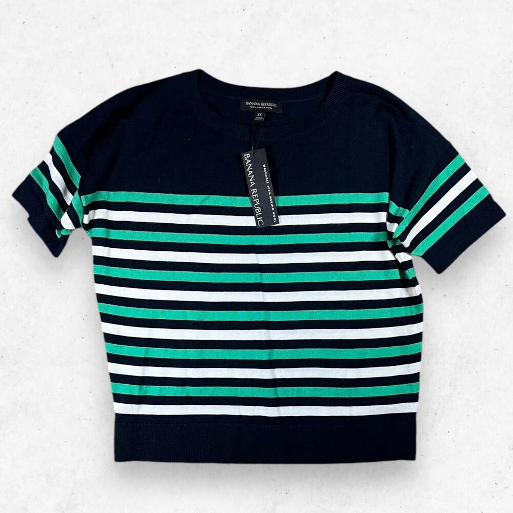 Banana‎ Republic 100% Merino Wool Women’s Size XS Striped Short Sleeves Top NEW